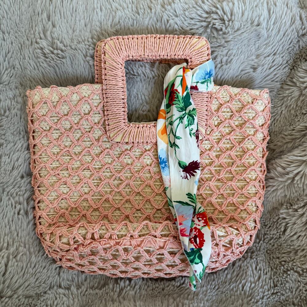 Pink Woven Straw Tote Bag with Floral Scarf